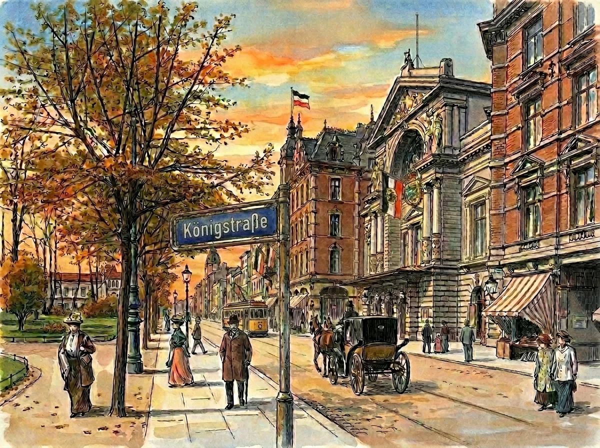Aquarell-Illustration der Altonaer Königstraße um 1910 · mit Stadttheater, Pferdedroschke und Straßenbahn